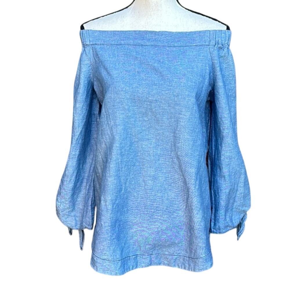 Free People Show Me Some Shoulder Top XS Blue Chambray Denim Off Shoulder Boho
